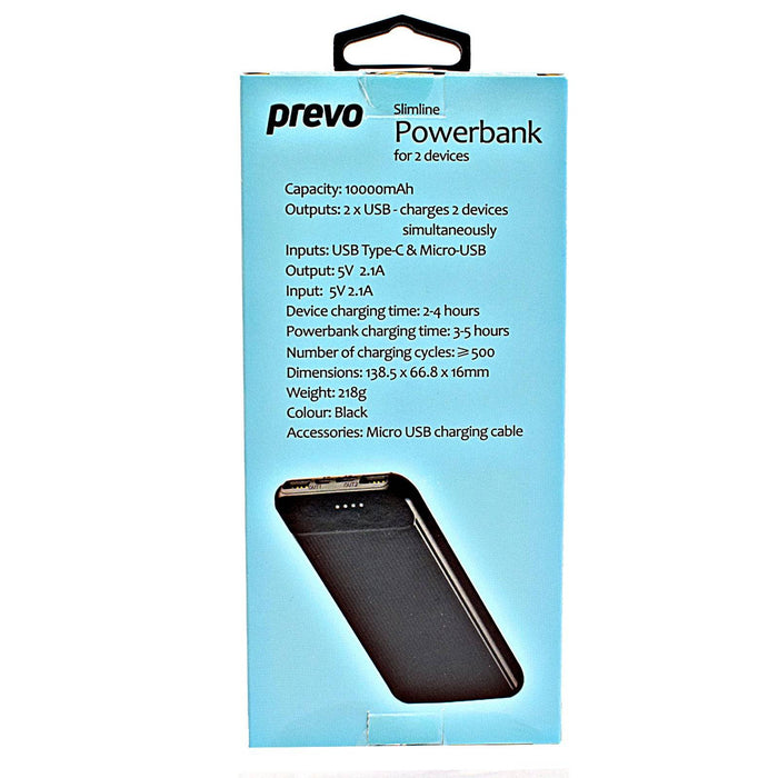 Prevo SP3012 Power bank,10000mAh Portable Fast Charging for Smart Phones, Tablets and Other Devices, Slim Design, Dual-Port with USB Type-C and Micro USB Connection, Black - IT Supplies Ltd