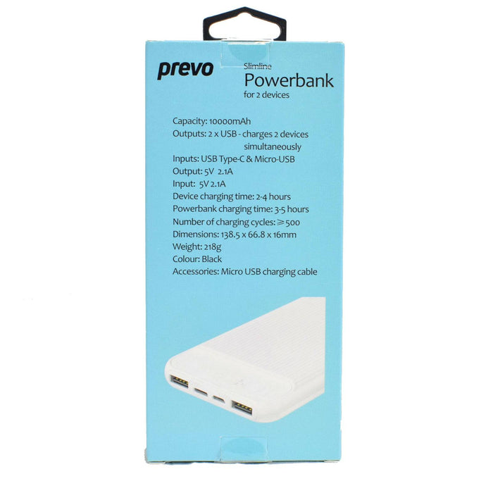 Prevo SP3012 Power bank,10000mAh Portable Fast Charging for Smart Phones, Tablets and Other Devices, Slim Design, Dual-Port with USB Type-C and Micro USB Connection, White - IT Supplies Ltd