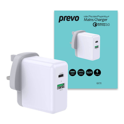 Prevo QC72 USB Type-C & USB Type-A Fast Charge Mains Charger with Qualcomm Quick Charge 3.0 for Laptops, Ultrabooks, Chromebooks, iPads, MacBooks, Smartphones, Tablets, Mobile Devices, Action Cameras, DSLRs - IT Supplies Ltd