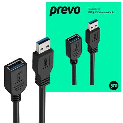 Prevo USBM-USBF-5M USB 3.0 Extension Cable, USB 3.0 Type-A (M) to USB Type-A (F), 5m, Black, Up to 5Gbps Transmission Rate - IT Supplies Ltd