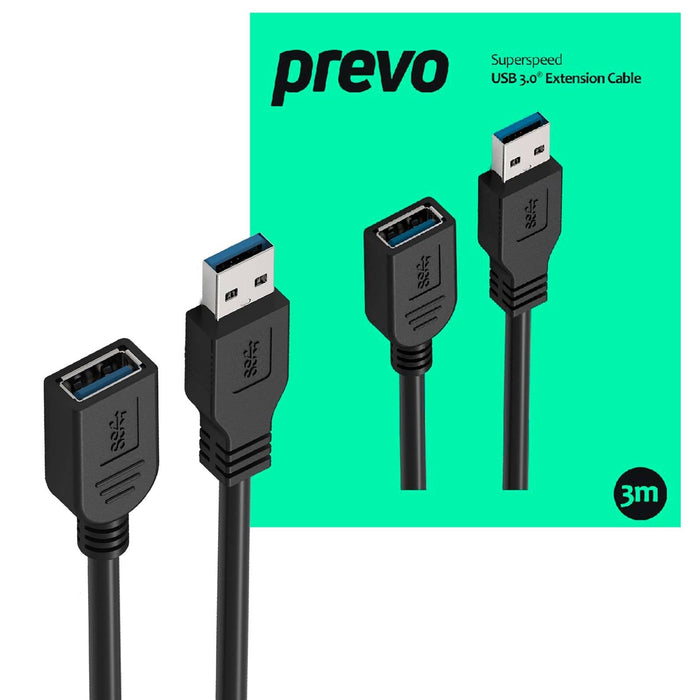 Prevo USBM-USBF-5M USB 3.0 Extension Cable, USB 3.0 Type-A (M) to USB Type-A (F), 5m, Black, Up to 5Gbps Transmission Rate - IT Supplies Ltd